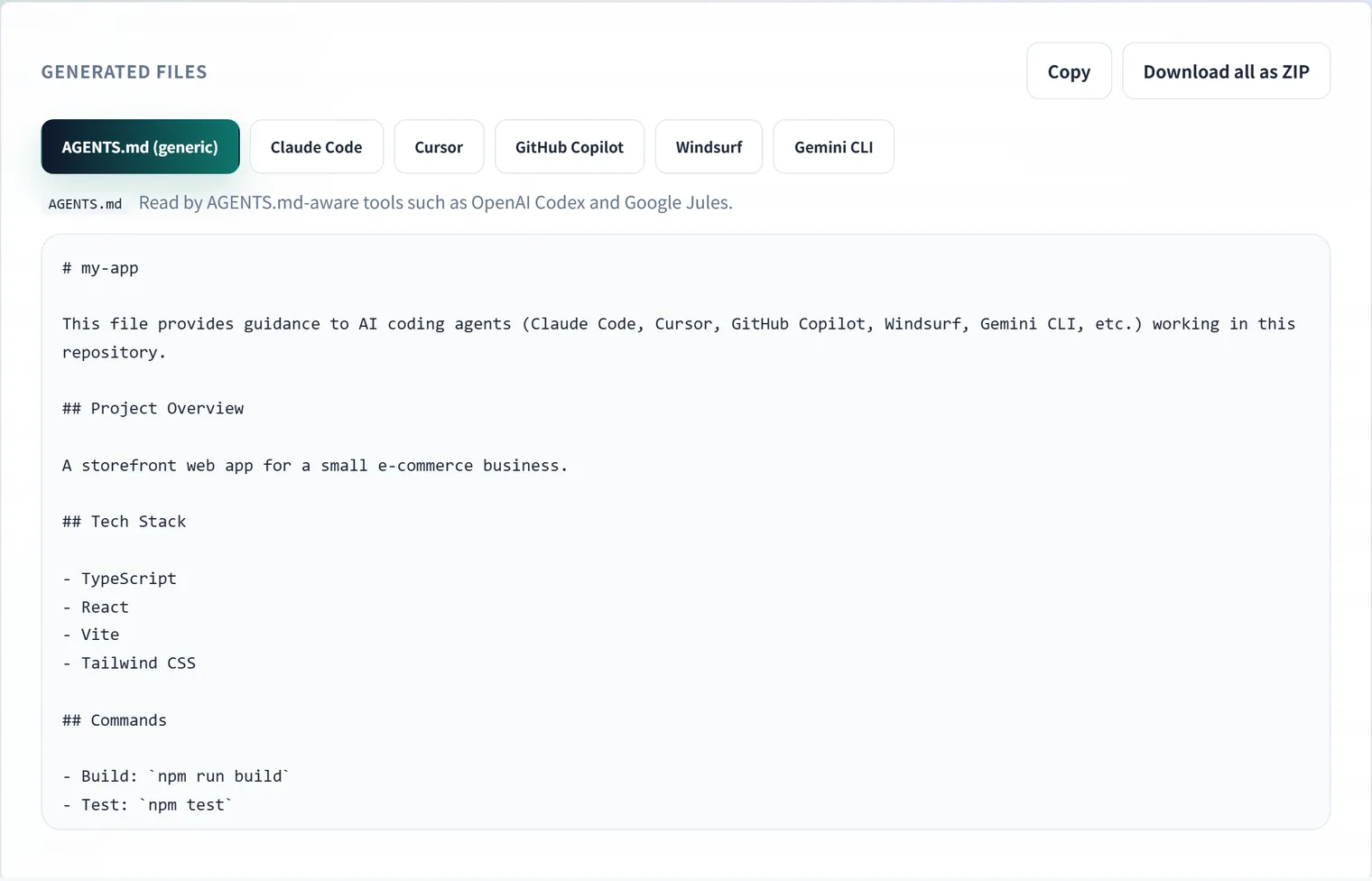 Generating AGENTS.md, CLAUDE.md and Cursor rules from a single form with the AI Rules Generator