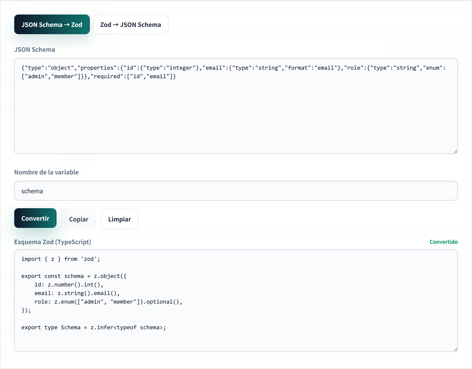 Convertir entre JSON Schema y Zod
