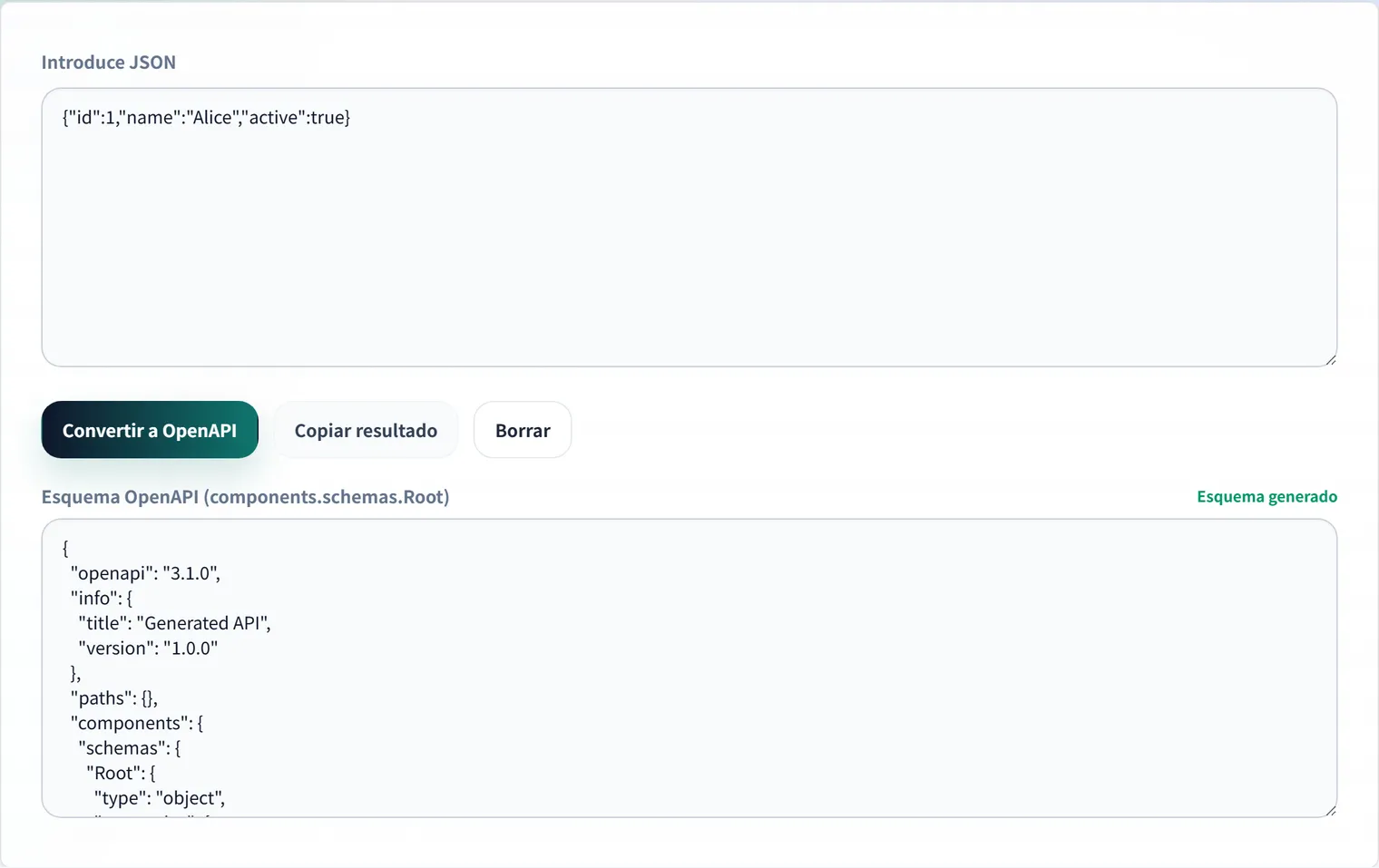 Crear esquemas de OpenAPI (Swagger) a partir de JSON